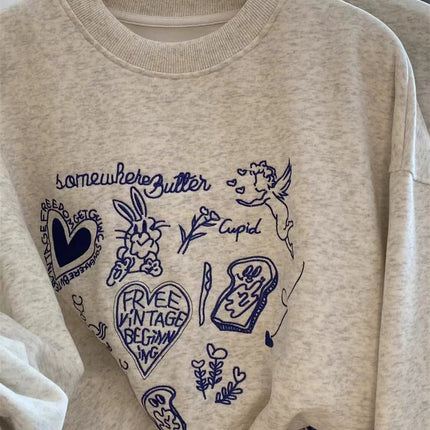 Korean Fashion Women's Gray Embroidered Round Neck Short Sweatshirts Autumn Long Sleeves Vacation Pullovers Tops Casual Popular
