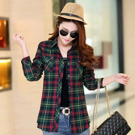 Slim Fit Plaid Long Sleeve Women's Shirt Qiang Yixuan Brand Autumn New Korean Version Cotton Button-Up Shirt