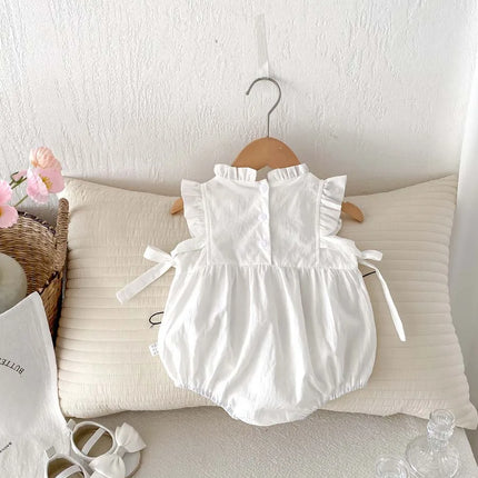 Summer baby girl sweet and cute embroidered floral side bow jumpsuit, baby girl sleeveless thin lace collar jumpsuit, suitable f