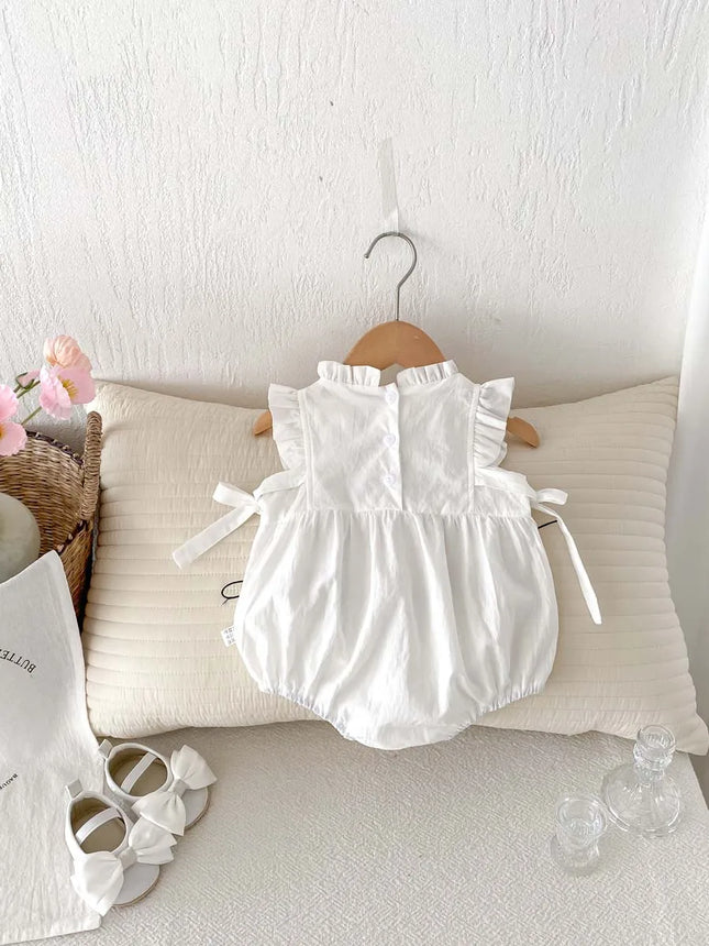 Summer baby girl sweet and cute embroidered floral side bow jumpsuit, baby girl sleeveless thin lace collar jumpsuit, suitable f