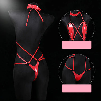 Women Patent Leather Harness Lingerie with Heart Choker Open Back Crotch less Erotic Bodysuit Intimate Club wear for Night Party