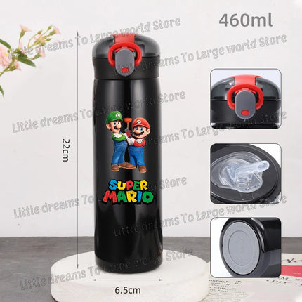 Super Marios Bros 460ml Thermal Cup Men Women Anime Black Straw Bottle Bouncing Lid Portable 304 Stainless Steel Thermo Bottles