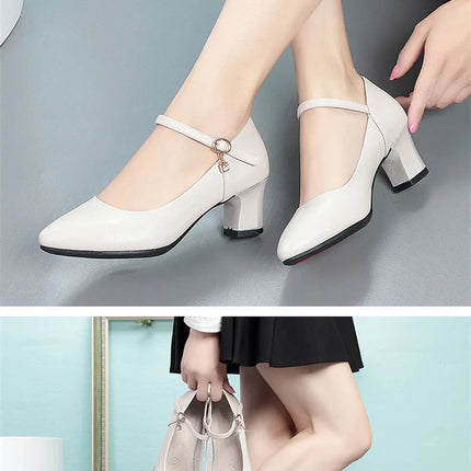 Women Fashion Sweet Red Comfort Buckle Strap Square Heel Pumps Lady Casual Black Pu Leather Office High Heel Shoes Spring Autumn