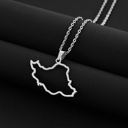 1Pcs New Stainless Steel Iran Map Hollow Heart Pendant Necklace Men's and Women's Versatile Sweater Chain Accessories Pendant