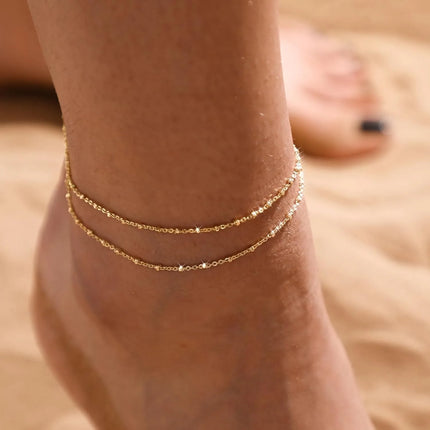 Gold/Silver Ankle Bracelets for Women,14K Gold Anklets for Women Waterproof Beads Anklets Set Layered Anklet Gold Jewelry Gift