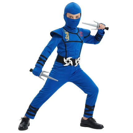 Black and Blue Ninja Costume for Kids Halloween Cosplay Party Outfit with Mask Toy Gift for Boys and Girls Holiday Party Costume