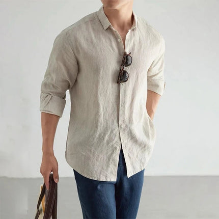 Men's Casual Fashion Shirt Long Sleeve 100% Linen Cotton T-shirts Black White Tops Clothing Plus Size Classic Baggy Shirts Men