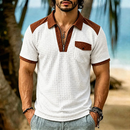 2026 New Men's Short Sleeve T Shirt Grid lapel Polo Shirt with Pockets Breathable Loose Basic Shirts for Men Lightweight Tops