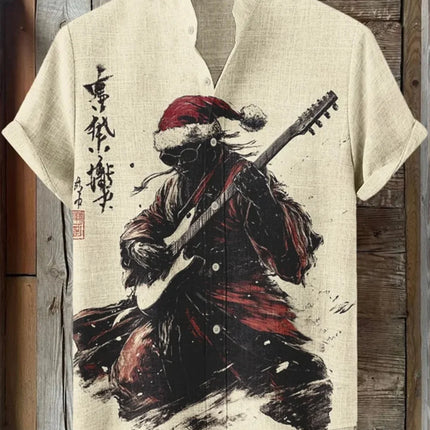 Men's Summer Short Sleeve Shirt Cute Cat Printed Stand up Collar Linen Button up Fashion Designer Party Costume Top