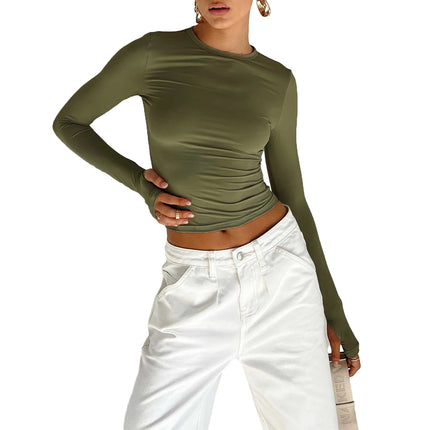 Basic Crewneck Casual Crop Tops for Women Y2K Solid Skinny Long Sleeve Slim Fit Stretchy Cropped Tees T-Shirts with Thumb Holes