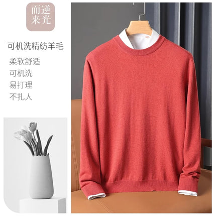 100% Wool Round Neck Solid Color Knitted Sweater Men's Pullover Long Sleeved Loose Sweater Business Casual Simple Cashmeres 2026