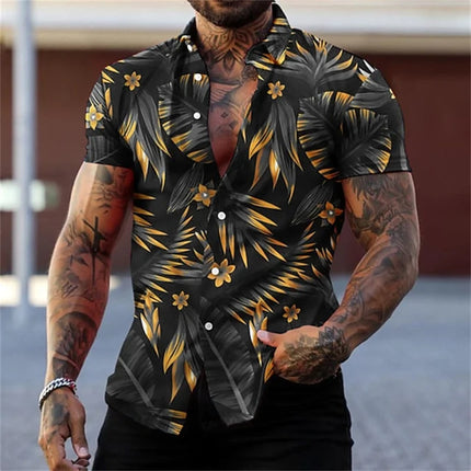Men's Black and Gold Flower Shirts Summer Plant Print Lapel Shirt Hawaiian Style Beach Short Sleeved Button Up