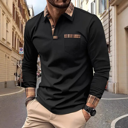 New men's casual spring and autumn fashion checked lapel long-sleeved comfortable pocket outdoor party polo shirt