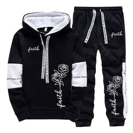 Faith Flower Print Hoodie and Sweatpants 2pcs Set Men/women Daily Casual Sports Hooded Outfit Autumn Unisex Fashion Jogging Suit