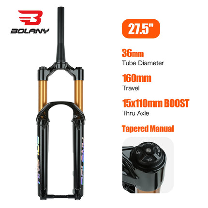 BOLANY Bike Fork MTB Air Fork 36mm Stanchion 160mm Trave Boost Air Suspension 9x100mm QR 15x110mm Bicycle Fork 26/27.5/29inch