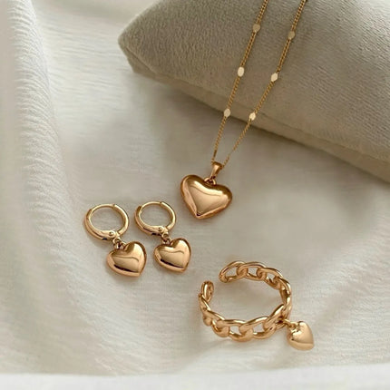 Korea New Hot Sale Peach Heart Pendant Earrings Necklace Rings Light Luxury Design Three-Piece Sets Trend Party Jewelry Gift Sets