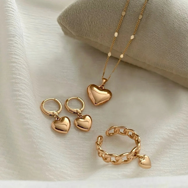 Korea New Hot Sale Peach Heart Pendant Earrings Necklace Rings Light Luxury Design Three-Piece Sets Trend Paty Jewerly Gift Sets