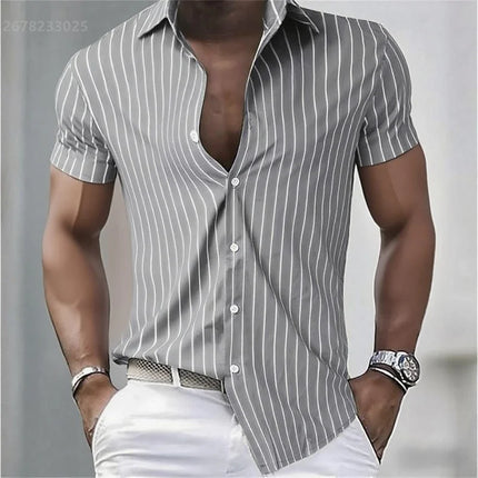 Men's Shirt Striped Slim Fit Short Sleeve Shirt, Breathable Lapel Button Fashion Hawaiian Shirt, Comfortable Fabric XS-6XL