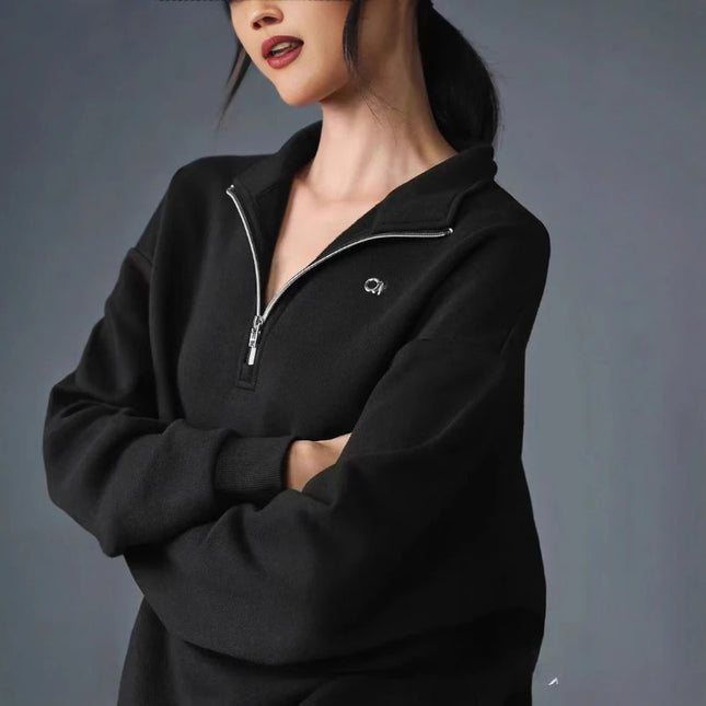 Cotton Casual Stand Up Collar Sports Hoodie Autumn Winter Fitness Clothing Long Sleeved Top Simple Elegant Loose Zipper Hoodie