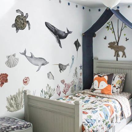 Kids Rooms Decoration Underwater World Theme Whale Dolphin Shell Sea Animals DIY Composable Decal Self Adhesive Wall Stickers