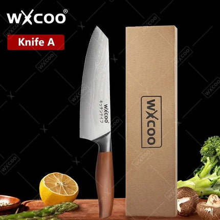 WXCOO Stainless Steel Chef Knife Household Kitchen Knife Laser Damascus Pattern Slicing Scissors Cleaver Fruit Knife Holder