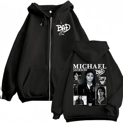 King of Pop Michael Jackson Bad Era Zipper Hoodie Men Women Harajuku Streetwear Jacket Sweatshirt Fleece Casual Zip Up Pullovers