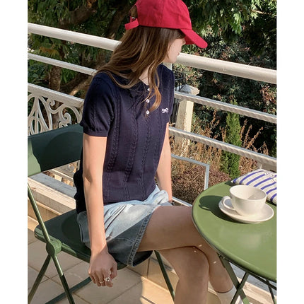 Summer 100% cotton women's T-shirt casual knit pullover short sleeved loose POLO collar Tees Pull luxury brand embroidery Tops