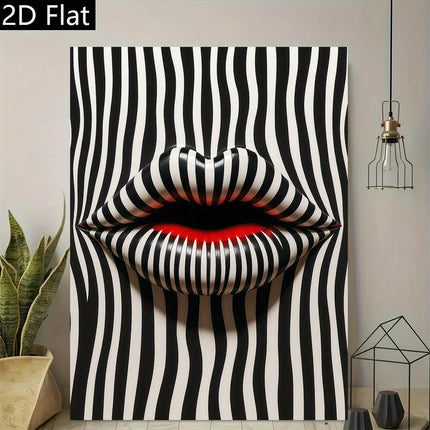 2D Flat 1pc Abstract Striped Lip Art Print - Frameless Canvas Wall Decor, Modern Retro Design with Bold Black & White Stripes
