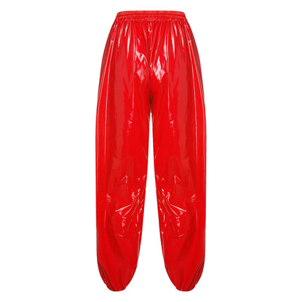 Mens Shiny Waterproof Jogging Pants Y2K Drawstring Elastic Waistband Side Pockets Track Baggy Glossy Pants Hip Hop Trousers