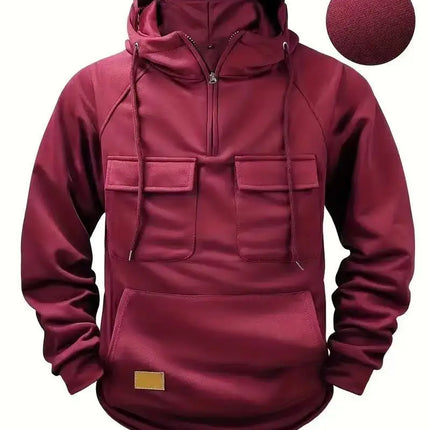 Fashionable Youth Men's Hoodie Solid Color Casual Autumn/Winter Pullover with Multi Pockets Patch Design