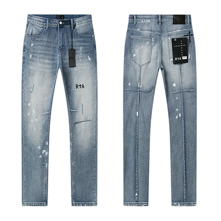 RTA Brand Men's Slim Fit Paint Graffiti Damaged Destroyed Hole Skinny Denim long Trouser Jeans Pants Streetwear