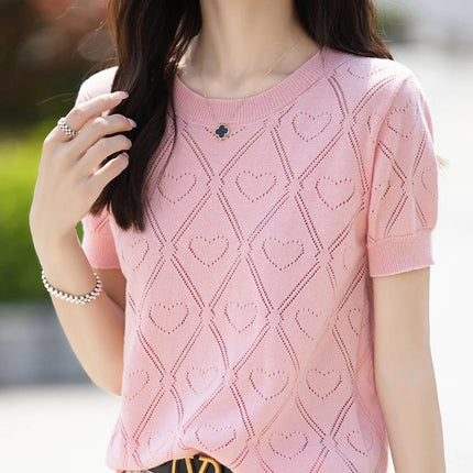 New Summer Fashion 100% Pure Cotton Women's Sweater Short sleeved Casual O-neck Pullover T-shirt Loose Knitted Hollow Top
