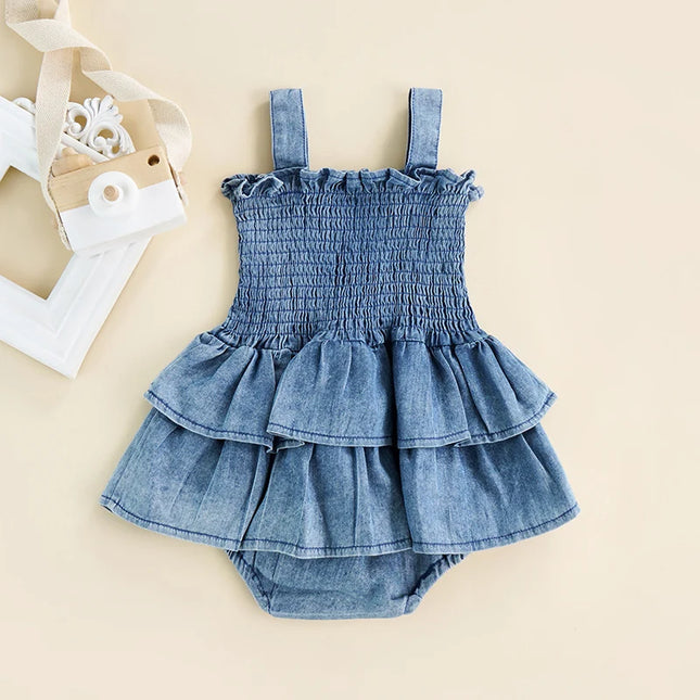0-18M Newborn Infant Baby Girl Romper Dress Summer Sleeveless Suspender Pleated Ruffle Hem Bottom Snap Button Cute Bodysuits