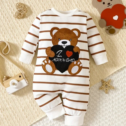 "Korean-Style Baby Romper | Brown & White Striped Onesie with Bear-Holding-Heart Embroidery - 'I Love Mom & Dad' Themed"