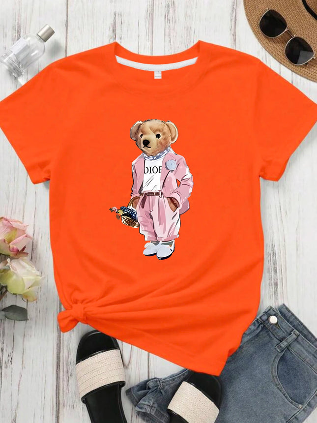Pink Dress Bear Pattern Round Neck Women's T-Shirt Short Sleeve Fashion Print Half Sleeve Shirt Stretch T-Shirt