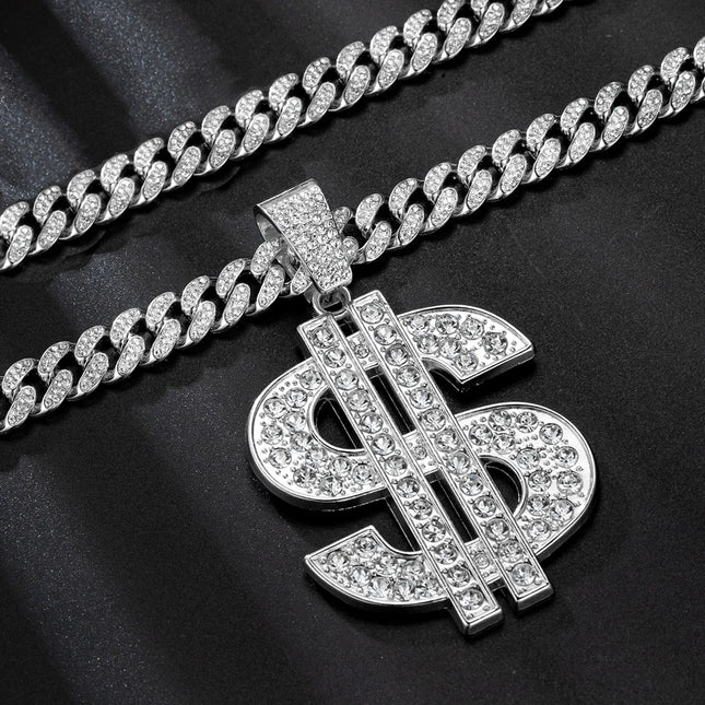 Fashion Hip Hop Dollar Pendant Necklace with 13mm Cuban Chain US Dollar Money Sign Necklaces Rap Rock Punk Jewelry For Man Gift