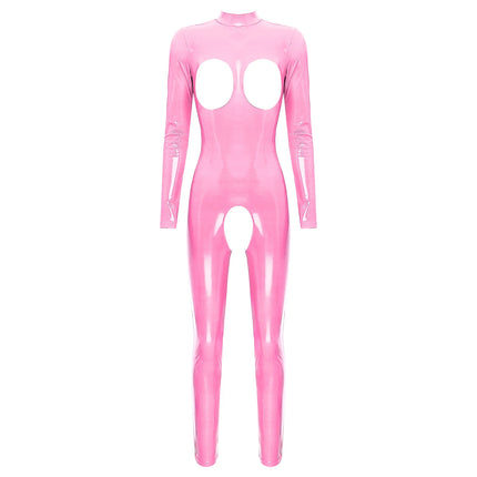 Womens Lingerie Patent Leather Latex Jumpsuit Zipper Crotchless Open Chest Catsuit Costume Wet Look Bare Breast Exposed Bodysuit