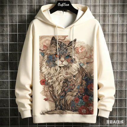 Japanese Samurai Cat Print Men's Hoodies Autumn and Winter Comfortable Loose Pullover Fashion Casual Sweatshirts Street Clothes