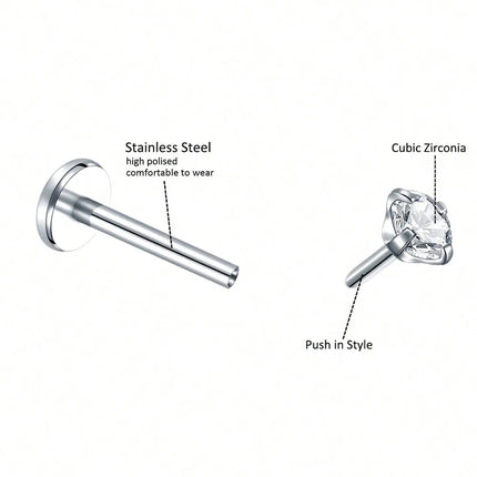 3PCS Threadless Push In Nose Studs Stainless Steel Labret Piercing Jewelry For Tragus Monroe Lip Helix Cartilage Earrings Studs
