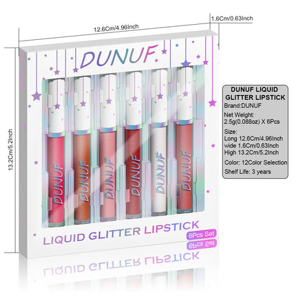 DUNUF 6 pcs set pearlescent metallic color long lasting lip gloss waterproof sweatproof non-stick lipstick