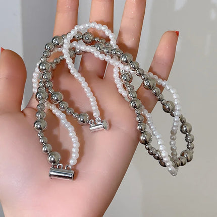 Fashion Imitation Pearl Wrapped Necklace Double Layer Magnetic Buckle Neck Chain Choker Necklace Jewelry Gift Wholesale