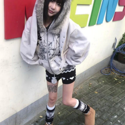 Harajuku Casual Rabbit's Ears Cute Hoodies Women Y2k Aesthetic Loose Printing Vintage Coats Streetwear Zipper Grunge Sweatshirts