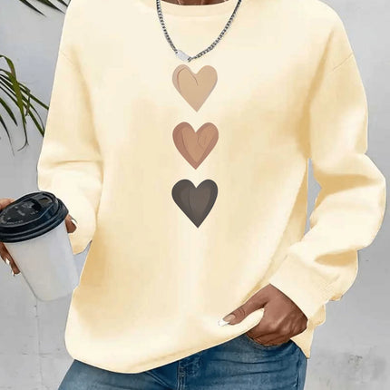 Women's Casual Heart Print Pullover Sweatshirt Geometric Design Long Sleeve Round Neck Machine Washable Regular Fit for Autumn