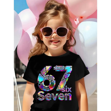 Pure cotton children's T-shirt 2026 trendy cool number 67 cartoon print for boys and girls summer casual parent-child wear