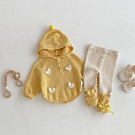 Autumn and winter girl sweater set, cute heart-shaped hooded cape top + knitted leggings, sweet outdoor knitted set