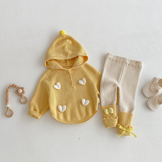 Autumn and winter girl sweater set, cute heart-shaped hooded cape top + knitted leggings, sweet outdoor knitted set