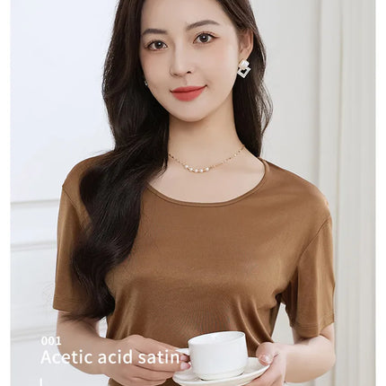 Summer High-End Women's Short Sleeve T-Shirt Acetate Fabric Knitted European Style Thin Hot Selling Top for Ladies