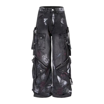 American 2000s Heavy Industry Y2K Harajuku Gothic Multi-Pocket Washed Black Jeans Men And Women Oversize Hip Hop Wide Leg Pants