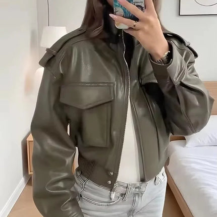 Chic Fashion Faux Leather Jackets for Women Loose Zipper Long Sleeve Female Short Coats 2026 Autumn Lady Casual New Outerwear ﻿