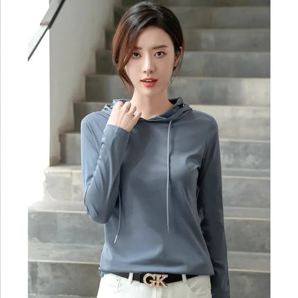 Silky cotton hooded sweatshirt T-shirt for women in spring 2025 new pure cotton versatile light luxury thin fashion base shirt